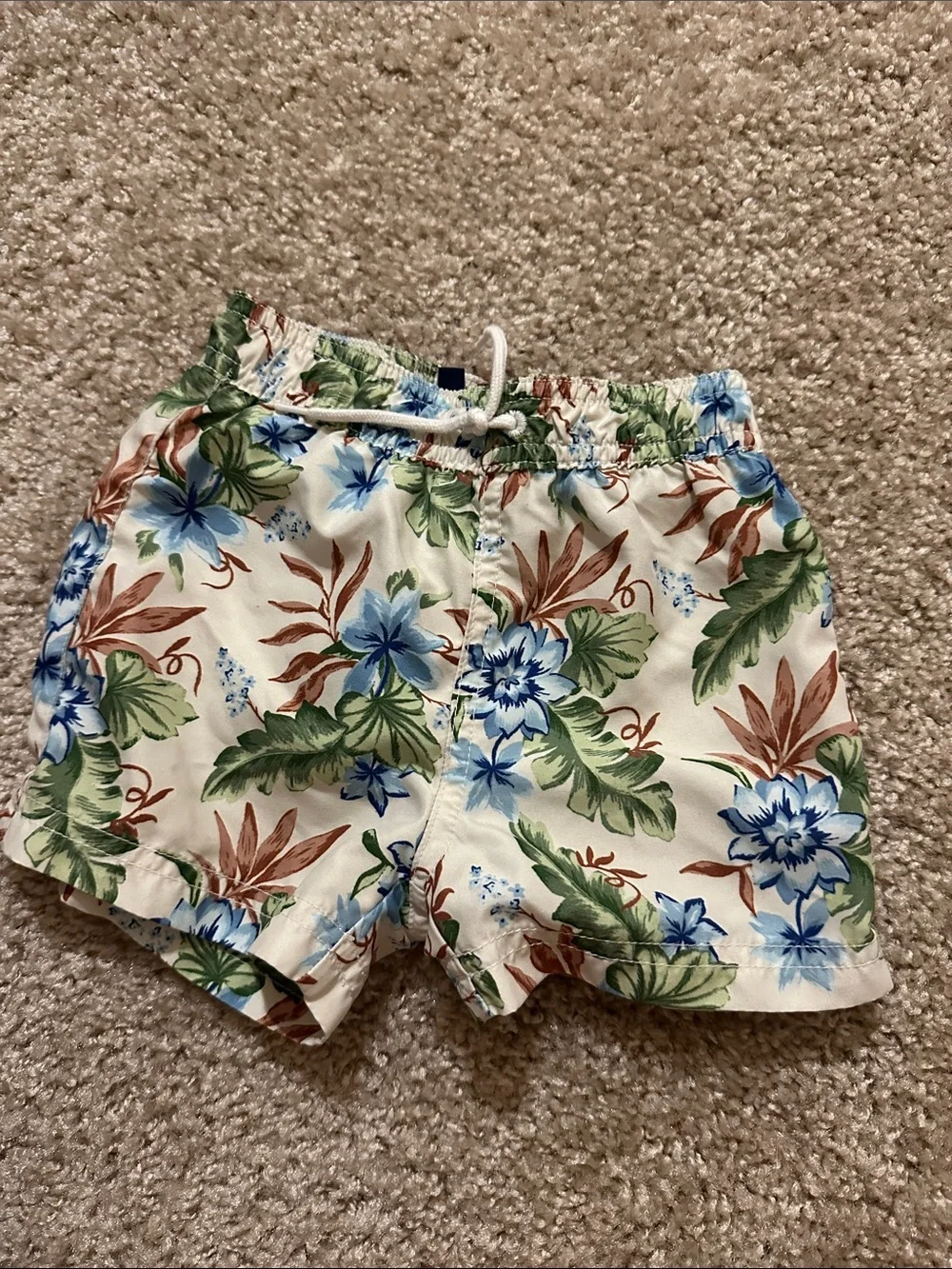 Janie and Jack White Floral Kids Swim Trunks with Blue and Green Print